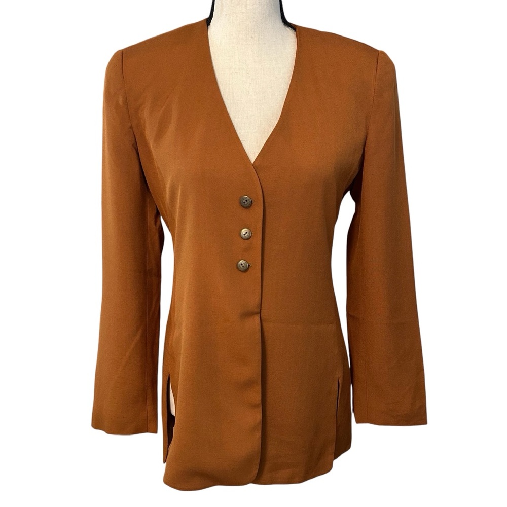 Vintage Alternatives by Tahari Silk Blend Collarless Jacket Blazer Brown Size 2